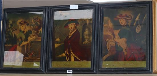 A part set of three reverse prints on glass, Spring, Summer and Winter, 35 x 25cm
